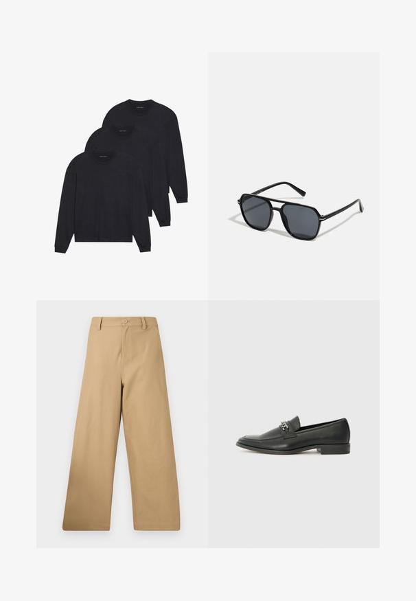 Tři černé dlouhé rukávy košile vyrobené z měkké látky, s kulatými výstřihy a přiléhavými manžetami. Minimalistický design bez viditelných vzorů.; Široké kalhoty ve světle hnědé látce, s knoflíkovým zapínáním, poutky na pásek a hladkým povrchem bez viditelných vzorů.; Černé kožené mokasíny s hladkým povrchem, s prošívaným designem a dekoračním kovovým řetízkem přes nárt. Plochý podpatek.; Černé sluneční brýle s osmiúhelníkovým rámem, tmavými čočkami, lesklým povrchem, tenkými nožičkami a zlatými akcenty na přední části.