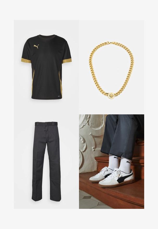 Black athletic T-shirt with gold accents on sleeves and side. Features a round neck, short sleeves, and moisture-wicking DRYCELL fabric.; Black pants made of durable fabric, featuring a straight leg design, a waistband with belt loops, and seams for added texture.; Puma sneakers in white and black suede, featuring a brown rubber sole. Paired with white socks displaying a black logo, worn with dark pants.; Gold chain necklace with large interlocking links, featuring a circular pendant detail at the center with a raised emblem.
