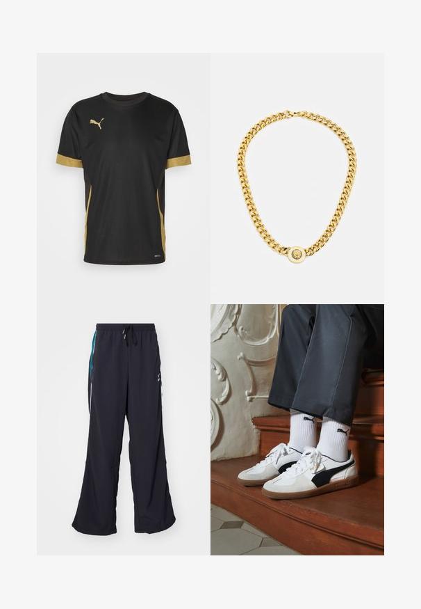 Svart tränings T-shirt med guld accenter på ärmar och sida. Har rund hals, korta ärmar och fukttransporternande DRYCELL tyg.; Puma PLAY PARIS TRACK PANTS - Träningsbyxor - black; Puma-sneakers i vit och svart mocka, med en brun gummisula. Kombinerade med vita strumpor som visar upp en svart logotyp, bärs tillsammans med mörka byxor.; Guldhalsband med stora sammanlänkade kedjor, med en cirkulär hängare i mitten som har en upphöjd emblem.