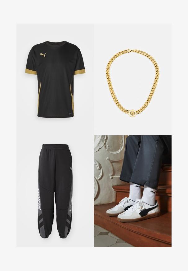 Czarny sportowy T-shirt z złotymi akcentami na rękawach i boku. Posiada okrągły dekolt, krótkie rękawy oraz materiał odprowadzający wilgoć DRYCELL.; Czarne spodnie dresowe wykonane z miękkiego materiału. Posiadają elastyczny pas, zwężane nogawki, szare akcenty oraz białe logo po bokach.; Sneakers Puma w białym i czarnym zamszu, z brązową gumową podeszwą. W połączeniu z białymi skarpetkami z czarnym logo, noszone z ciemnymi spodniami.; Złoty naszyjnik z dużymi, splątanymi ogniwami, z okrągłym wisiorkiem na środku, zawierającym wystający emblemat.