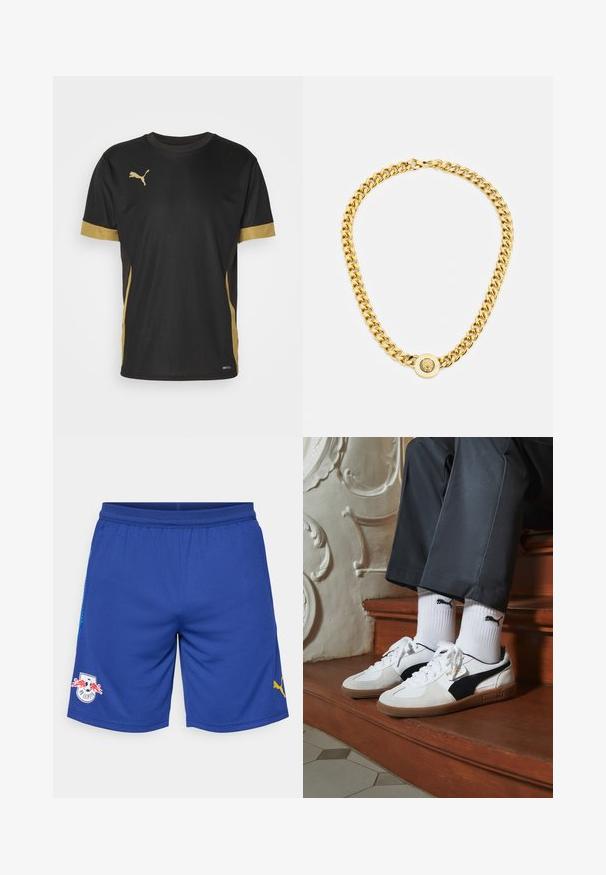 Černé sportovní tričko s zlatými akcenty na rukávech a po stranách. Disponuje kulatým výstřihem, krátkými rukávy a materiálem DRYCELL, který odvádí vlhkost.; Modré sportovní šortky vyrobené z prodyšného materiálu, s krajkovým pasem, žlutým logem Puma na boku a týmovým logem na přední straně.; Puma tenisky v bílé a černé semišové úpravě, s hnědou gumovou podrážkou. Kombinované s bílými ponožkami, na kterých je černé logo, nošeny s tmavými kalhotami.; Zlatý řetězový náhrdelník s velkými propletenými články, zdobený kruhovým přívěskem se zvýšeným emblémem uprostřed.