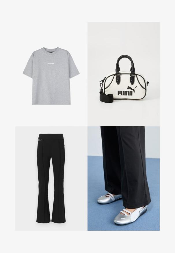 Grijze katoenen t-shirt met korte mouwen, met een ronde hals en een klein wit "PEGADOR" logo op de voorkant. Soepele stof, comfortabele pasvorm.; Zwarte hoge taille flared broeken met details van voornaad en een kleine merkpatch aan de bovenkant van de linkerkant.; Zilveren en witte platte schoenen met kruislingse banden en textuurdetails, aangevuld met losse zwarte broeken. Geplaatst tegen een blauwe vloer.; Witte handtas met zwarte accenten, met een Puma-logo. Korte, ronde handvatten en een afneembare schouderband, gemaakt van textuursynthetisch materiaal.
