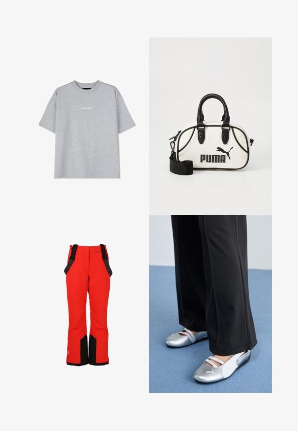 Harmaa puuvillapaita lyhyillä hihoilla, jossa on pyöreä pääntie ja pieni valkoinen "PEGADOR"-logo edessä. Tasainen tekstuuri, rento istuvuus.; Punaiset lumihousut mustilla yksityiskohdilla, säädettävät olkaimet, leveät lahkeet ja vetoketjulliset taskut toiminnallisuutta ja mukavuutta varten talviolosuhteissa.; Hopeiset ja valkoiset litteät kengät, joissa on ristikkäin kulkevat hihnat ja tekstuuri, täydentävät löysiä mustia housuja. Taustalla sininen lattia.; Valkoinen käsilaukku mustilla yksityiskohdilla, jossa on Puma-logo. Lyhyet, pyöristetyt kahvat ja irrotettava olkahihna, valmistettu teksturoidusta keinomateriaalista.