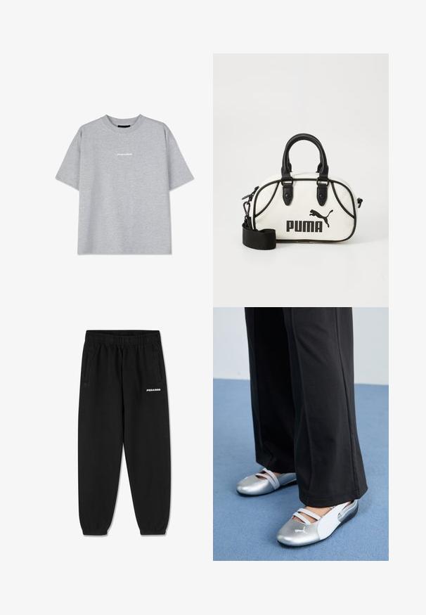 Grå bomull t-skjorte med korte ermer, med rund hals og en liten hvit "PEGADOR"-logo foran. Glatt tekstur, avslappet passform.; Sorte joggebukser laget av mykt stoff, med snor i livet, tapered ben og sidelommer. "PEGADOR"-logo i hvitt på fronten.; Sølv- og hvite flate sko med kryssremmer og teksturert detaljer, komplementert av løse svarte bukser. Plassert på et blått gulv.; Hvit håndveske med svarte detaljer, med Puma-logo. Korte, avrundede håndtak og en avtagbar stropp, laget av teksturert syntetisk materiale.
