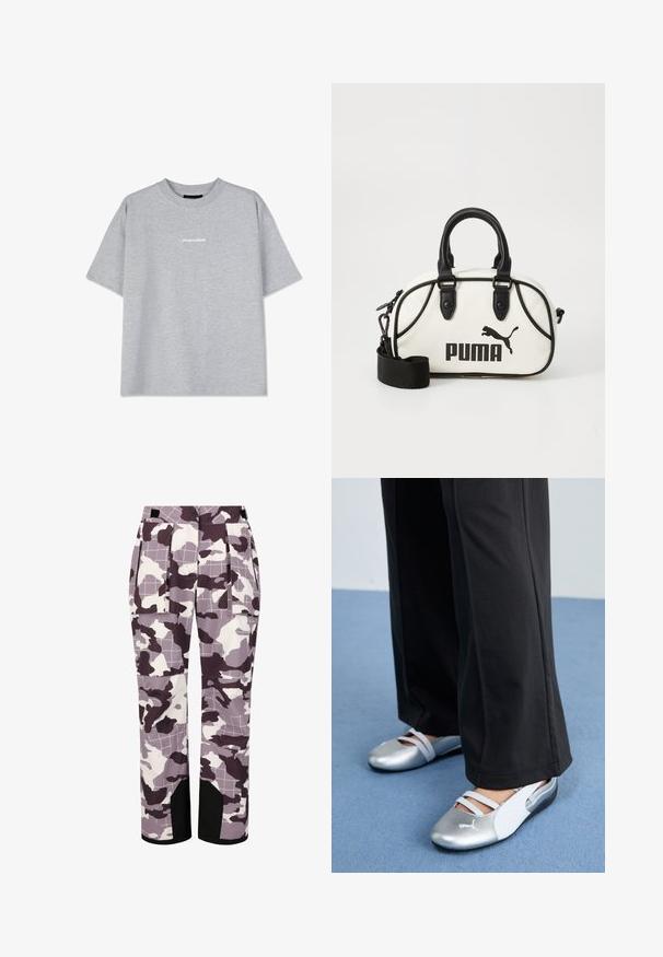 Grijze katoenen t-shirt met korte mouwen, met een ronde hals en een klein wit "PEGADOR" logo op de voorkant. Soepele stof, comfortabele pasvorm.; Camouflagebroeken in paars en wit met een rasterpatroon, voorzien van zijzakken en zwarte accenten aan de zoom.; Zilveren en witte platte schoenen met kruislingse banden en textuurdetails, aangevuld met losse zwarte broeken. Geplaatst tegen een blauwe vloer.; Witte handtas met zwarte accenten, met een Puma-logo. Korte, ronde handvatten en een afneembare schouderband, gemaakt van textuursynthetisch materiaal.