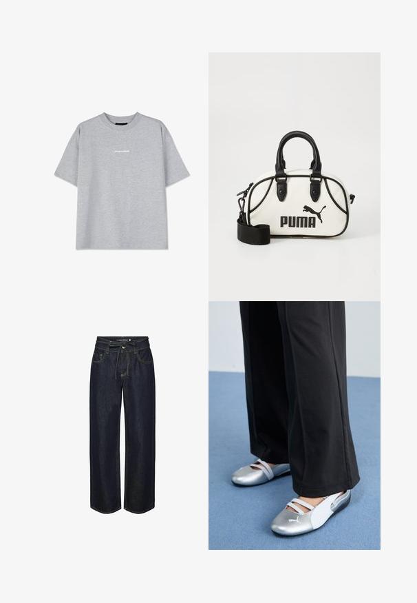 Pelēks kokvilnas T-krekls ar īsām piedurknēm, kas apdalīts ar apaļu kakla izgriezumu un ar mazu baltu "PEGADOR" logotipu priekšā. Gluda tekstūra, brīva piegriezuma.; Tumši denima plašās kājas džinsi ar auklu jostasvietā, ar kontrastējošu šuvju, priekšējiem kabatām un nedaudz brīvu piegriezumu.; Sudraba un baltas plakano apavu ar krusteniskām siksnām un teksturētu apdari, kas papildināti ar brīvām melnām biksēm. Fons ir zils grīdas segums.; Baltas rokassomu ar melniem akcentiem, kurā ir Puma logo. Īsi, apaļi rokturi un noņemama siksna, izgatavota no teksturēta sintētiska materiāla.