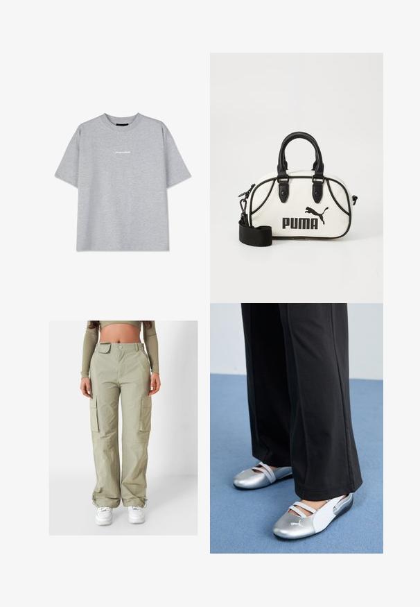 Graue Baumwoll-T-Shirt mit kurzen Ärmeln, ausgestattet mit einem Rundhalsausschnitt und einem kleinen weißen "PEGADOR"-Logo auf der Vorderseite. Weiche Textur, lockere Passform.; Hellgrüne Cargo-Hosen mit lockerer Passform, ausgestattet mit Seitentaschen und elastischen Kordeln am Saum, aus einem glatten, strapazierfähigen Stoff gefertigt.; Silberne und weiße flache Schuhe mit überkreuzten Riemen und strukturierten Details, ergänzt durch lockere schwarze Hosen. Vor einem blauen Boden.; Weißer Handtasche mit schwarzen Akzenten, ausgestattet mit einem Puma-Logo. Kurze, abgerundete Griffe und ein abnehmbarer Schultergurt, hergestellt aus strukturiertem synthetischem Material.