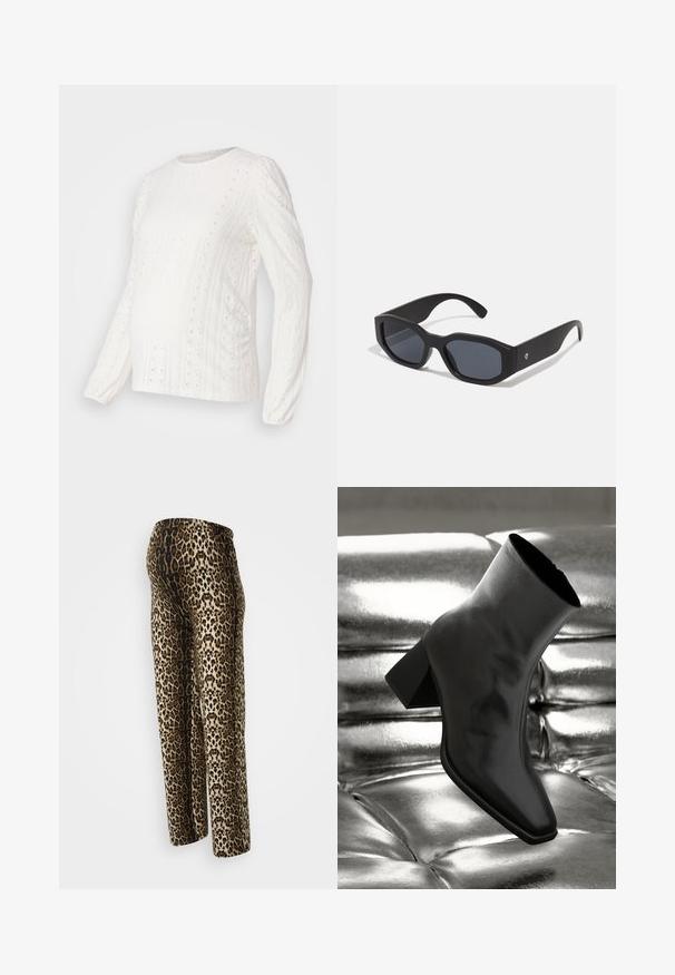 Vit långärmad topp med texturerade mönster, hängande detaljer, ribbade muddar och rund halsringning, designad för gravidkläder.; Byxor med leopardmönster, med en slät textur, elastisk midjeband och avslappnad passform. Färgerna inkluderar beige, brunt och svart.; Svarta ankelboots i glänsande material med fyrkantig tå och avsmalnande klack, placerade mot en glänsande silverfärgad vadderad bakgrund.; Svarta solglasögon med rektangulära bågar, matt yta, mörka linser och något böjda skalmar. Diskret logotyp på en skalm.; Silver hoopsörhängen med en slät, glänsande yta, med en böjd form och post-stängning. Minimalistisk design med en modern finish.