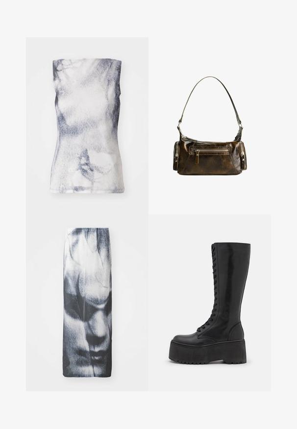 Ärmelloses Top aus einem weichen Stoff, das ein grau-weißes, abstraktes Muster aufweist. Das Design ist figurbetont mit einem runden Halsausschnitt und subtilen Nähten.; Schwarz-weißer langer Rock mit einem grafischen Druck eines Gesichts, mit glatter Textur und taillierter Silhouette.; Zign LEATHER - Schnürstiefel - black; Braune Ledertasche mit geschwungener Form, silbernen Beschlägen und zwei Reißverschlusstaschen auf der Vorderseite. Verstellbarer Schultergurt ist enthalten.