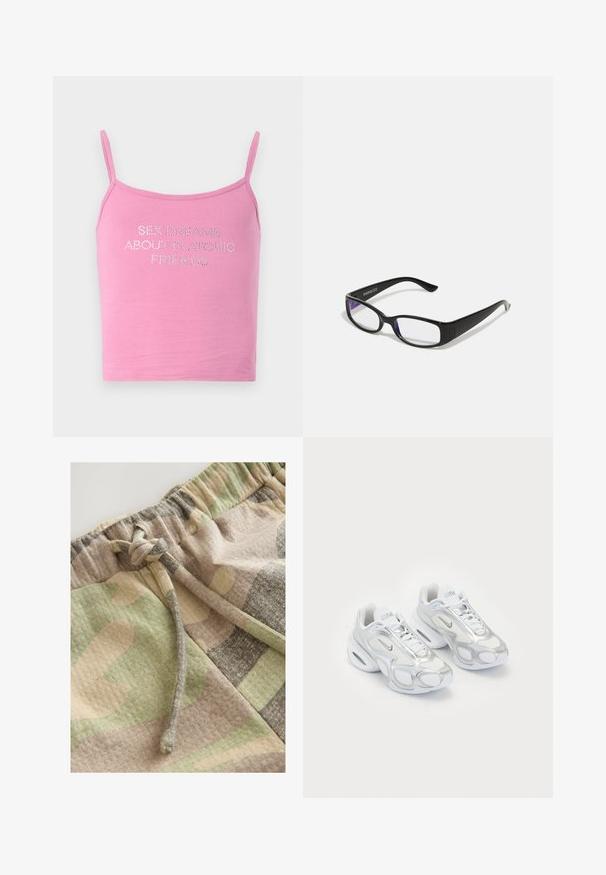 Roze katoenen cami-top met dunne bandjes, met strasstenen tekst die zegt "SEXDREAMS OVER PLATONISCHE VRIENDEN." Soepele textuur, casual ontwerp.; Camouflage shorts in een mix van groen, beige en grijze tinten. Voorzien van een elastische tailleband en trekkoord voor een verstelbare pasvorm.; Witte sportieve schoenen met een bovenwerk van mesh en zilveren accenten, in een unieke vorm en met luchtkussen in de hiel. Gespannen ontwerp met logo.; Zwarte rechthoekige bril met heldere glazen. Glanzende afwerking, smalle veren en paarse tint zichtbaar aan de randen van de glazen.