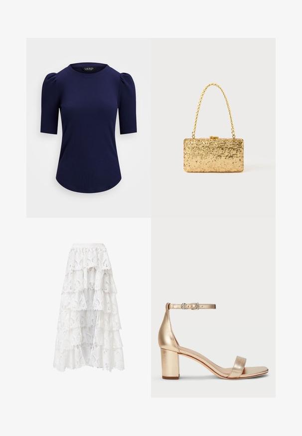 Lauren Ralph Lauren COTTON BLEND RIB KNIT PUFF SLEEVE TEE - T-Shirt basic - refined navy; Weißer Spitzrock mit einer gestuften Gestaltung und gewellten Kanten. Das Material hat ein florales Muster und eine Struktur, die ein geschichtetes Aussehen erzeugt.; Lauren Ralph Lauren LOGAN METALLIC NAPPA LEATHER SANDAL - Riemensandalette - platinum; Goldene Pailletten-Clutch mit rechteckiger Form, ausgestattet mit einem gedrehten Kettenhenkel und einem Metallverschluss, der das Licht mit einer strukturierten Oberfläche reflektiert.; Goldfarbene Creolen mit einem glatten, abgerundeten Design, ausgestattet mit einem dünnen Drahtverschluss und einer polierten Oberfläche für ein glänzendes Erscheinungsbild.