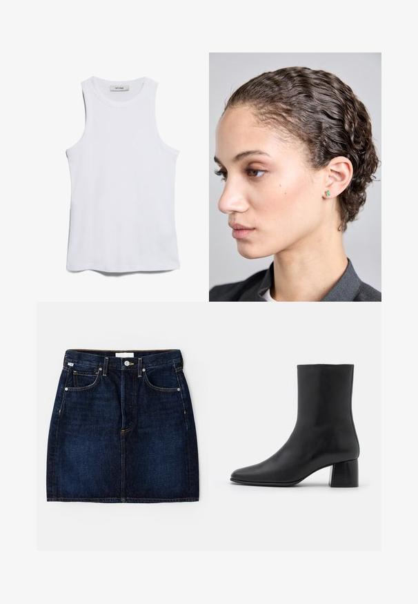 Baltas dryžuotas bakas su apvaliu kaklu ir plačiomis rankovėmis. Ypatingas sklandus paviršius ir tiesus apačios kraštas. Etiketėje užrašyta "IVY OAK."; Tamsiai mėlyna džinsinė sijonas su penkių kišenių dizainu, auksinėmis siūlėmis ir klasikiniu siluetu. Yra mygtukų užsegimas ir diržo kilpos.; Juodas odinis kulkšninis botas su smailiu pirštu ir masyviu kvadratiniu kulnu. Lygus paviršius be siūlių ir minimalizmu išsiskiriantis dizainas.; Smaragdo formos žalios auskarai, įmontuoti į paprastą metalinį pagrindą, dėvimi artimame profilio kadre asmens su banguotais plaukais ir neutraliu makiažu.