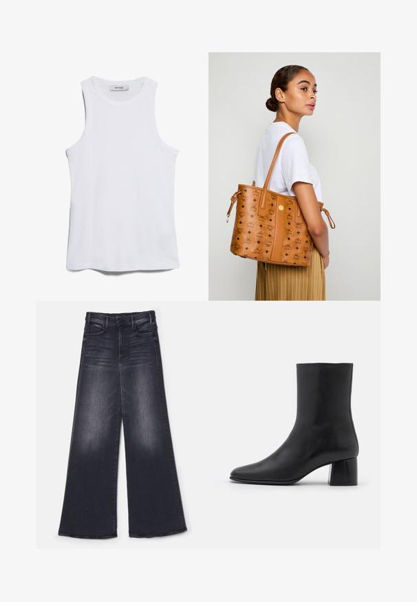 Hvid ribbet top med rund hals og brede ærmegab. Har en glat tekstur og en lige kant. Mærket læser "IVY OAK."; Mother THE HUSTLER ROLLER SNEAK - Wide leg - not today satan; Sorte læder ankelstøvler med spids tå og en kraftig firkantet hæl. Glat overflade med et sømløst design og minimalistisk syning.; Kvinde i hvid skjorte og stribede bukser, der bærer en lys læder tote taske med sorte logoer over skulderen, vendt skråt mod siden.; Smaragdformede grønne øreringe sat i en enkel metalbund, båret i en nærsynsprofil af en person med bølget hår og neutral makeup.