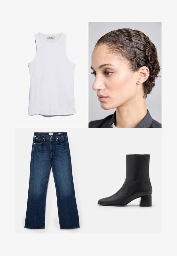 Valkoinen ribattua tankkitoppi, jossa on pyöreä kaula-auko ja leveät käsivarren aukot. Ominaisuuksiin kuuluu sileä pinta ja suora helma. Tunnuslukemana "IVY OAK."; Tummansiniset farkut, leveä lahkeellinen leikkaus, viisi taskua, näkyvät ompelu yksityiskohdat ja sileä rakenne, jossa on lievää haalistumista.; Mustat nahkasaappaat nilkkakorkeudella, joissa on terävä kärki ja tukeva neliön muotoinen korko. Sileä pinta, saumaton muotoilu ja minimalistinen ommel.; Silmukasti leikattuja vihreitä korviksia, jotka on asetettu yksinkertaiseen metallikehykseen, henkilöä lähellä kuvattuna, jolla on aaltoileva hiustyyli ja neutraali meikki.