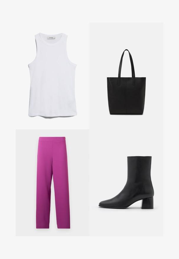 Top de tip tank alb, cu o croială ondulată, guler rotund și armhole-uri largi. Prezintă o textură netedă și o tivă dreaptă. Eticheta inscripționează "IVY OAK."; Pantaloni largi mov dintr-un material moale și elastic. Prezintă un talie înaltă și nu au elemente metalice sau modele vizibile.; Botine negre din piele, cu vârf ascuțit și toc pătrat masiv. Textură netedă, cu un design fără cusături și cusături minimaliste.; Geantă neagră tip tote, realizată dintr-un material texturat, având două mânere lungi și un design simplu, minimalist, fără hardware vizibil.; Cercei verzi tăiați în smarald, montati pe un suport metalic simplu, purtați într-un prim-plan lateral al unei persoane cu păr ondulat și machiaj neutru.