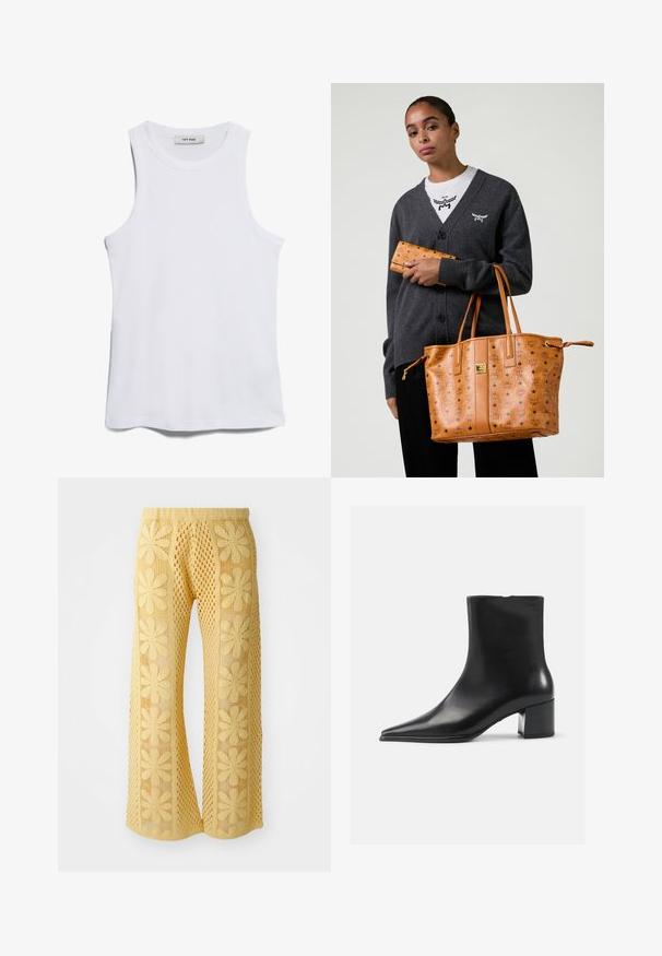 Débardeur blanc à côtes, avec un col rond et de larges emmanchures. Présente une texture lisse et un ourlet droit. L'étiquette indique "IVY OAK."; Pantalon en crochet jaune avec un motif floral, coupe large, et une taille élastique avec un design en maille ouverte texturée.; Bottine en cuir noir avec un bout pointu, texture lisse et un talon bloc moyen. Design minimaliste, fermeture éclair à l'arrière.; Femme portant un cardigan gris foncé et une chemise blanche, tenant un sac fourre-tout en cuir tan et un portefeuille assorti avec l'imprimé logo.