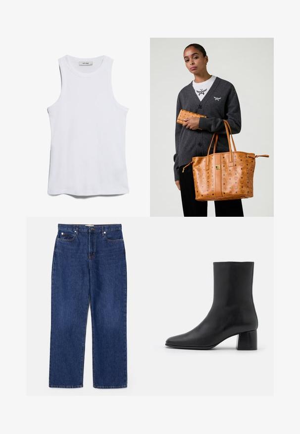 Valkoinen ribattua tankkitoppi, jossa on pyöreä kaula-auko ja leveät käsivarren aukot. Ominaisuuksiin kuuluu sileä pinta ja suora helma. Tunnuslukemana "IVY OAK."; Tummansiniset farkut, joissa on korkea vyötärö, suoralahkeinen muotoilu, viisi taskua ja hopeiset yksityiskohdat. Ominaisuuksiin kuuluu hienoinen haalistuminen ja brodeeratut saumat.; Mustat nahkasaappaat nilkkakorkeudella, joissa on terävä kärki ja tukeva neliön muotoinen korko. Sileä pinta, saumaton muotoilu ja minimalistinen ommel.; Nainen, joka on pukeutunut tummanharmaaseen neuletakkiin ja valkoiseen paitaan, pitää kädessään vaaleanruskeaa nahkatyötä ja siihen sopivaa lompakkoa, jossa on logo-printti.; Silmukasti leikattuja vihreitä korviksia, jotka on asetettu yksinkertaiseen metallikehykseen, henkilöä lähellä kuvattuna, jolla on aaltoileva hiustyyli ja neutraali meikki.