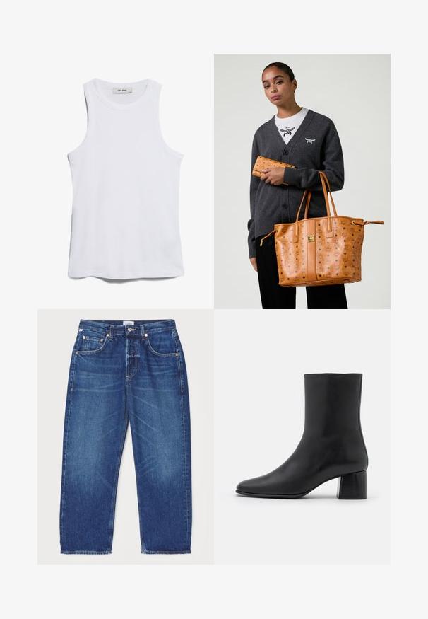 Biała prążkowana koszulka bez rękawów z okrągłym dekoltem i szerokimi wycięciami na ramionach. Posiada gładką fakturę i prosty krój dołu. Metka informuje "IVY OAK."; Citizens of Humanity DAHLIA ciemnoniebieski; Czarne skórzane botki za kostkę z ostrym noskiem i masywnym kwadratowym obcasem. Gładka faktura z bezszwowym designem i minimalnym przeszyciem.; Kobieta ubrana w ciemnoszary kardigan i białą koszulę, trzymająca jasnobrązową skórzaną torbę oraz pasujący portfel z nadrukiem logo.; Szmaragdowe kolczyki w kształcie prostokątnym osadzone w prostym metalowym mocowaniu, noszone na zbliżeniu profilu osoby z falującymi włosami i naturalnym makijażem.