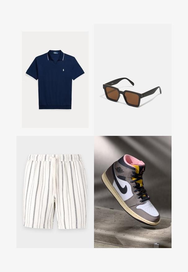 Navy polo shirt made of cotton, featuring a v-neck, short sleeves, white trim on the collar and sleeves, with a small logo on the chest.; White shorts with vertical navy stripes, elastic waistband, and a drawstring. Soft texture with a casual, lightweight design.; High-top Nike Air Jordan sneaker in white, grey, and black with pink interior and yellow tongue, positioned on a concrete surface.; Black square sunglasses with brown lenses, featuring a matte finish and gold accents on the frame. The design is angular with wide arms.; Black textured leather crossbody bag with an adjustable strap, front zip pocket, and branded metallic accent. Compact square shape.; Casio rectangular watch with a white face, gold accents, Roman numerals, and a brown crocodile-pattern leather strap. Water-resistant design.