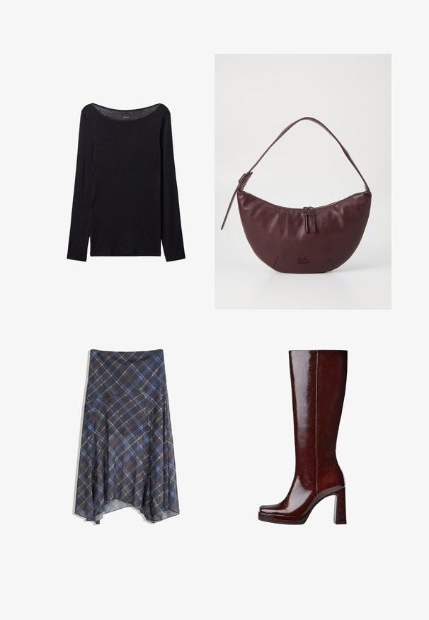 Czarna koszula z długim rękawem o szerokim dekolcie, wykonana z miękkiego materiału, charakteryzująca się dopasowanym krojem i minimalnymi detalami szwów.; Czarna spódnica w kratę z niebieskimi i brązowymi liniami, o zwiewnym fasonie, midi długości, wykonana z lekkiego materiału o gładkiej fakturze.; Kozaki do kolan, błyszczące, w burgundowym kolorze, z kwadratowym noskiem, podniesioną platformą i masywnym obcasem. Gładka tekstura z minimalnymi detalami.; Bordowa skórzana torebka o zaokrąglonym kształcie, z zamkiem błyskawicznym, dwoma suwakami i krótkim paskiem na ramię. Szczegóły obejmują wytłoczone logo.