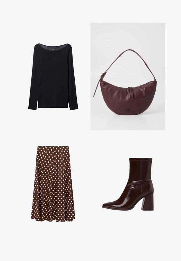 Černá dlouhá halenka s širokým výstřihem, vyrobená z měkké látky, s těsným střihem a minimálními švy.; Mango ROMEO - Áčková sukně - brown; Hnědé lakované kožené kotníkové boty s špičatou špičkou, elastickým kotníkem a chunky blokovým podpatkem. Elegantní design s hladkým povrchem.; Bordó kožená kabelka s zakřiveným designem, která má zipové uzavření, dva jezdce na zip a krátký popruh na rameno. Mezi detaily patří embosované logo.