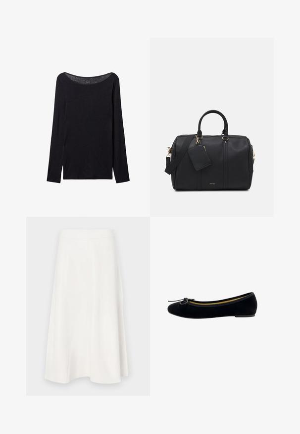 Schwarz langärmliges Shirt mit weitem Ausschnitt, aus weichem Stoff gefertigt, mit einer taillierten Passform und minimalen Nähten.; Weißer A-Linie-Rock aus glattem Stoff, mit hohem Bund und subtilen Nahtdetails, der sich zu einem ausgestellten Saum verjüngt.; Schwarze Samt-Ballerinas mit runder Zehenpartie, einer kleinen Schleifenapplikation auf der Vorderseite und einem kontrastierenden gelben Innenfutter.; Schwarze Kunstleder-Reisetasche mit goldenen Beschlägen, doppelten Obergriffen, verstellbarem Schultergurt und abnehmbarer Etikettentasche.