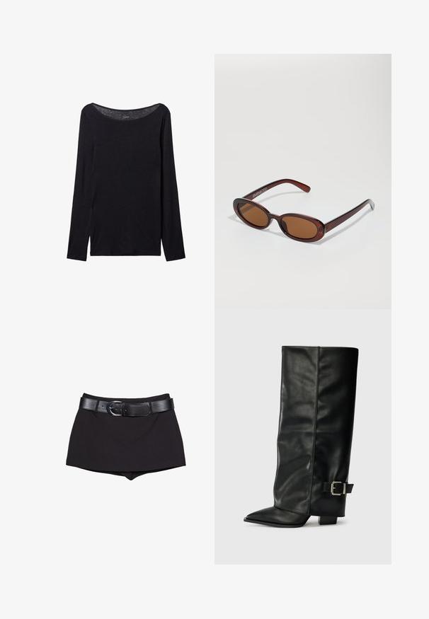 Czarna koszula z długim rękawem o szerokim dekolcie, wykonana z miękkiego materiału, charakteryzująca się dopasowanym krojem i minimalnymi detalami szwów.; Czarne szorty o gładkiej fakturze, z szerokim czarnym paskiem i srebrną klamrą, skrojone w dopasowanym kroju z lekko podwyższonym stanem.; Czarne skórzane botki do kostek z ostrym noskiem, gładką fakturą i srebrnym zapięciem z boku. Gruby kwadratowy obcas.; Okrągłe, brązowe okulary przeciwsłoneczne z błyszczącą bordową oprawą. Cienkie ramiona z subtelnym detalem marki. Płaski kształt soczewek.; Brązowa torebka z zamszu o miękkim, opadającym kształcie. Posiada skórzane uchwyty i akcent w postaci metki. Gładka tekstura z zaokrąglonymi szwami.