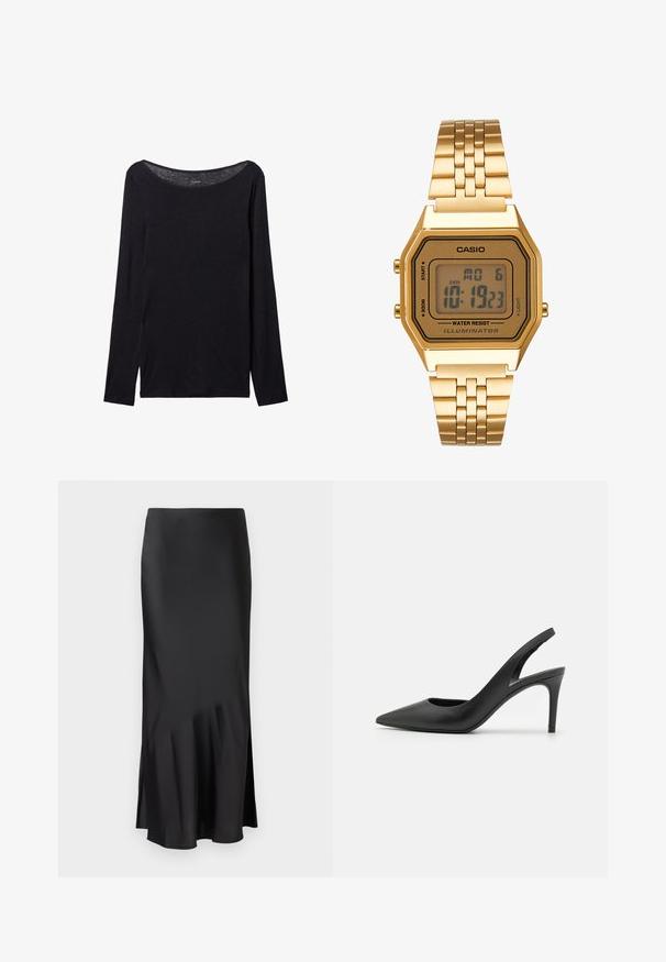 Černá dlouhá halenka s širokým výstřihem, vyrobená z měkké látky, s těsným střihem a minimálními švy.; Černá saténová midi sukně s elegantním designem, která má mírný rozšířený lem a boční rozparek pro pohodlný pohyb. Hladká textura.; Černé kožené lodičky na podpatku s otevřenou patou a špičatou špičkou, s výřezem na přední straně a tenkým jehlovým podpatkem.; Zlaté digitální hodinky s obdélníkovým ciferníkem, LCD displejem, nerezovým páskem a tlačítky na boku. Obsahují označení odolnosti proti vodě.