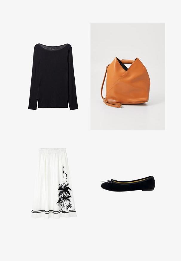 Camisa negra de manga larga con un escote amplio, hecha de un tejido suave, con un diseño ajustado y detalles de costura mínimos.; Falda blanca con bordado botánico negro que presenta hojas de palma, una cinturilla texturizada y un patrón decorativo de cuerda negra en el dobladillo.; Bailarinas de terciopelo negro con punta redonda, un pequeño lazo en la parte delantera y un forro interior amarillo en contraste.; Bolso de mano de cuero marrón claro con un diseño de pliegue triangular único, asa superior y correa para el hombro desmontable sobre fondo blanco.