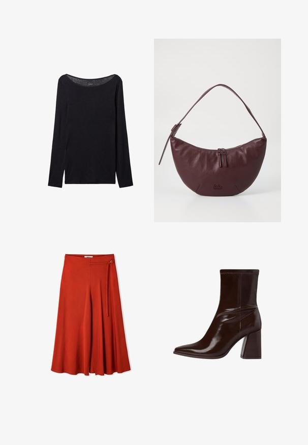 Chemise noire à manches longues avec un large col, en tissu doux, présentant une coupe ajustée et de minimalistes détails de couture.; Pantalons larges rouges en tissu doux, avec un devant plat, des détails de nœud sur le côté et une silhouette évasée avec des accents plissés.; Bottine en cuir verni marron avec un bout pointu, une cheville élastique et un talon bloc épais. Design élégant avec une texture lisse.; Sac à main en cuir bordeaux avec un design courbé, doté d'une fermeture éclair, de deux tirettes de fermeture et d'une courte bandoulière. Détails comprenant un logo embossé.