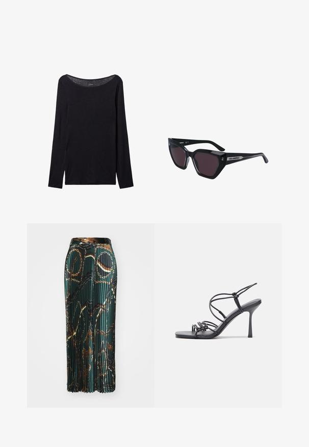 Black long-sleeve shirt with a wide neckline, made of soft fabric, featuring a fitted design and minimal stitching details.; Pleated midi skirt in dark green fabric featuring a chain pattern in gold and brown tones, finished with a solid waistband.; Black high-heeled sandals feature thin straps with a knotted design, a smooth square toe, and a sleek stiletto heel.; Black sunglasses with a cat-eye design, featuring dark lenses, a glossy finish, and subtle logo accents on the temples.; Light gray metallic handbag featuring a chain strap, embellished with small circular metallic studs and a triangular brand logo.; Silver hoop earrings with a smooth, shiny finish. Rounded shape, lightweight design, featuring a post-back closure.