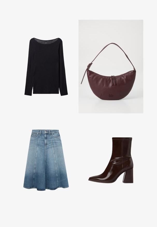 Černá dlouhá halenka s širokým výstřihem, vyrobená z měkké látky, s těsným střihem a minimálními švy.; Džínová sukně v světle modré barvě s rozšířeným A-liniovým tvarem. Má vysoký pás, dvě přední kapsy a jemné detaily v šití.; Hnědé lakované kožené kotníkové boty s špičatou špičkou, elastickým kotníkem a chunky blokovým podpatkem. Elegantní design s hladkým povrchem.; Bordó kožená kabelka s zakřiveným designem, která má zipové uzavření, dva jezdce na zip a krátký popruh na rameno. Mezi detaily patří embosované logo.