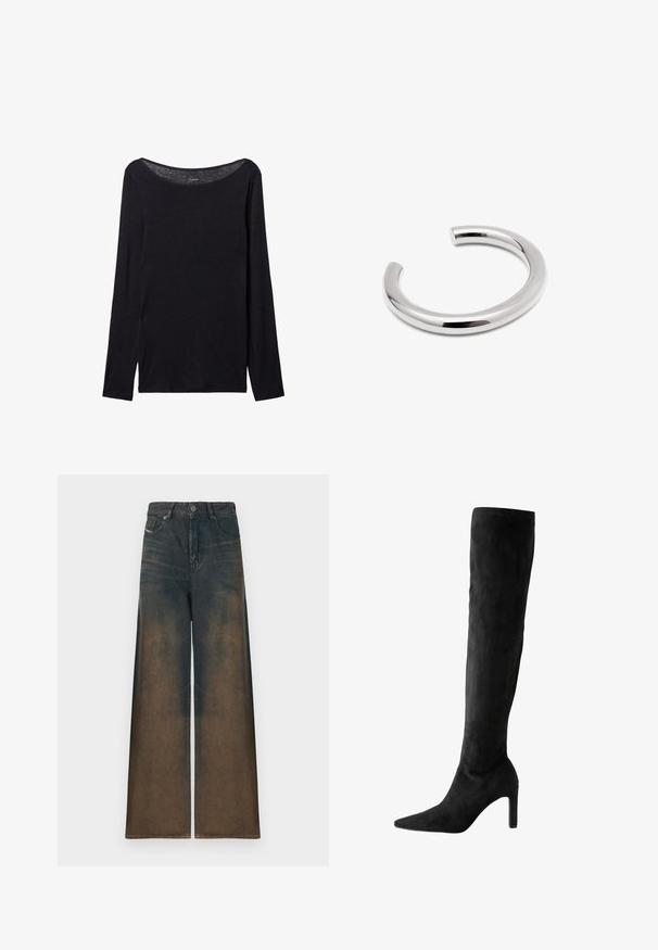 Black long-sleeve shirt with a wide neckline, made of soft fabric, featuring a fitted design and minimal stitching details.; Wide-leg jeans in dark denim, featuring a gradient fade from dark to light brown, with a classic five-pocket design and metal button closure.; Knee-high black suede stiletto boot with a pointed toe and smooth texture, featuring a slim high heel and seamless design.; Silver cuff bracelet in a smooth, rounded design. Features a seamless, polished finish with an open end for easy wear.