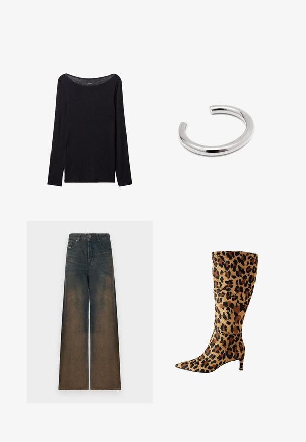Schwarz langärmliges Shirt mit weitem Ausschnitt, aus weichem Stoff gefertigt, mit einer taillierten Passform und minimalen Nähten.; Weite Jeans in dunklem Denim, mit einem Farbverlauf von Dunkel- zu Hellbraun, im klassischen Five-Pocket-Design und metallischem Knopfverschluss.; Stiefel in Leopardenmuster bis zum Knie aus weichem Material mit spitzer Zehe und niedrigem Absatz, der ein auffälliges Muster aus schwarzen und braunen Punkten aufweist.; Silberne Armreife in einem glatten, abgerundeten Design. Verfügt über eine nahtlose, polierte Oberfläche mit einer offenen Enden für einfaches Tragen.
