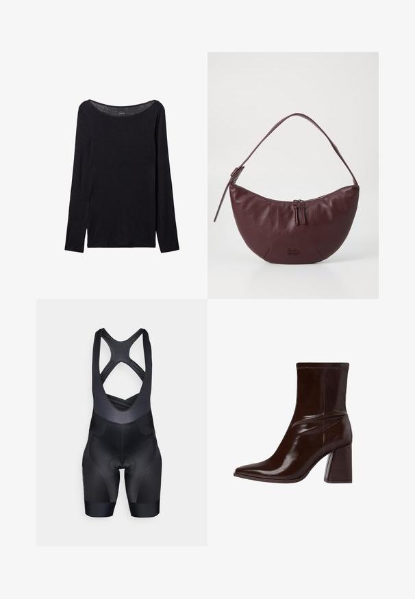 Černá dlouhá halenka s širokým výstřihem, vyrobená z měkké látky, s těsným střihem a minimálními švy.; Černé cyklistické šortky s těsným střihem, texturovanou horní částí a polstrovanou sedací plochou. Obsahují překřížené ramínka a nemají viditelné logo.; Hnědé lakované kožené kotníkové boty s špičatou špičkou, elastickým kotníkem a chunky blokovým podpatkem. Elegantní design s hladkým povrchem.; Bordó kožená kabelka s zakřiveným designem, která má zipové uzavření, dva jezdce na zip a krátký popruh na rameno. Mezi detaily patří embosované logo.