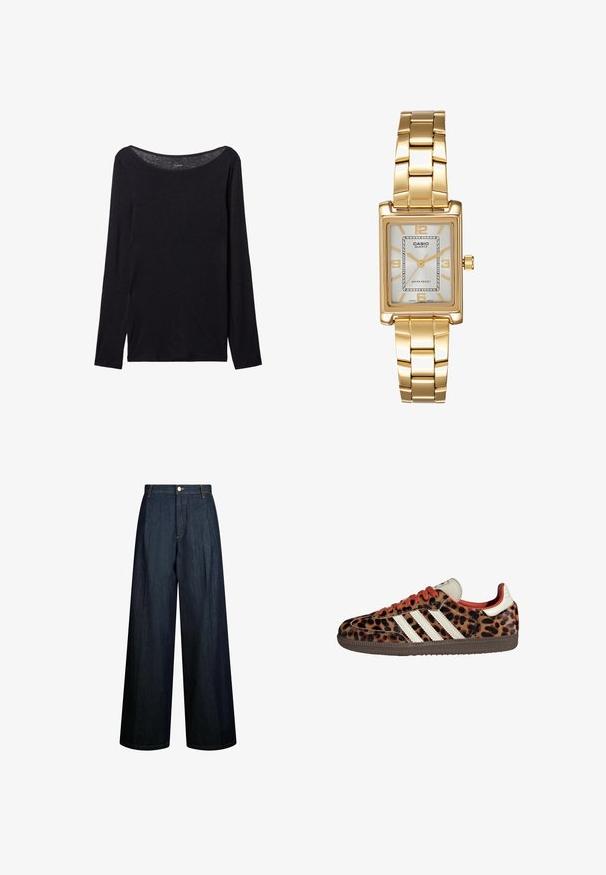 Černá dlouhá halenka s širokým výstřihem, vyrobená z měkké látky, s těsným střihem a minimálními švy.; Džíny s širokými nohavicemi vyrobené z tmavě modrého denimu, s vysokým pasem, viditelným šitím a předním zapínáním na knoflík. Minimalistický design.; Tenisky se vzorem leopardí kůže, z suédového materiálu, s červenými tkaničkami a třemi bílými pruhy na boku. Má krémovou jazyk a hnědou podrážku.; Zlatý obdélníkový náramkový hodin s bílým ciferníkem, stříbrnými indexy a odolným kovovým náramkem. Obsahuje voděodolnou funkci.