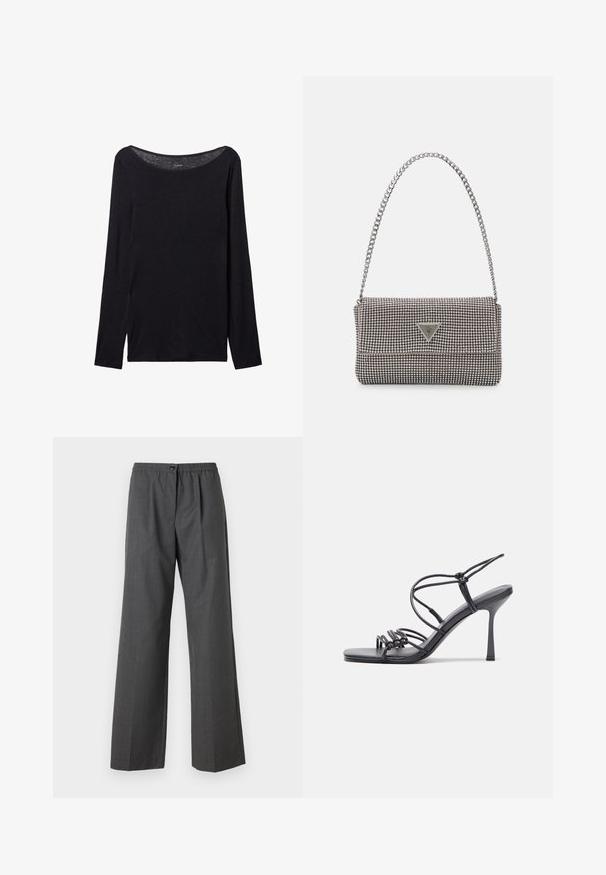Camisa negra de manga larga con un escote amplio, hecha de un tejido suave, con un diseño ajustado y detalles de costura mínimos.; Pantalones de pierna ancha gris con un acabado texturizado, que cuentan con un cierre de botón y una cinturilla elástica para mayor comodidad. Detallados con pliegues.; Las sandalias negras de tacón alto presentan finas correas con un diseño anudado, una punta cuadrada suave y un elegante tacón de aguja.; Bolso de mano metálico gris claro con una cadena como asa, adornado con pequeños remaches metálicos circulares y un logotipo de marca en forma triangular.; Aros de plata en forma de aro con un acabado liso y brillante. Diseño redondeado y ligero, con cierre de tipo post-back.