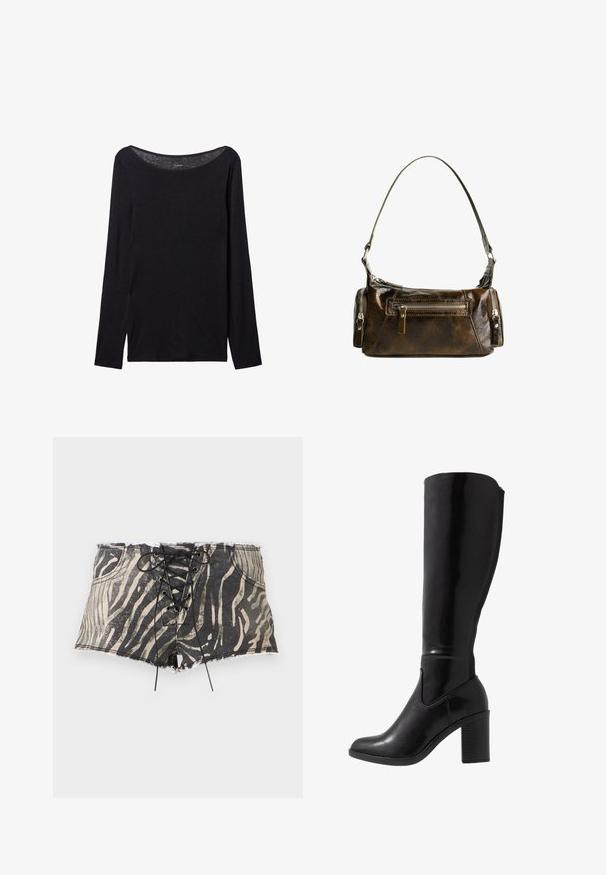 Black long-sleeve shirt with a wide neckline, made of soft fabric, featuring a fitted design and minimal stitching details.; Denim shorts with a black and beige zebra print, featuring a lace-up front, frayed hem, and pockets on each side.; Knee-high black glossy heeled boots with a rounded toe, smooth texture, side cutout detail, and a chunky stacked heel.; Brown leather handbag with a curved shape, silver hardware, and two zippered pockets on the front. Adjustable shoulder strap included.