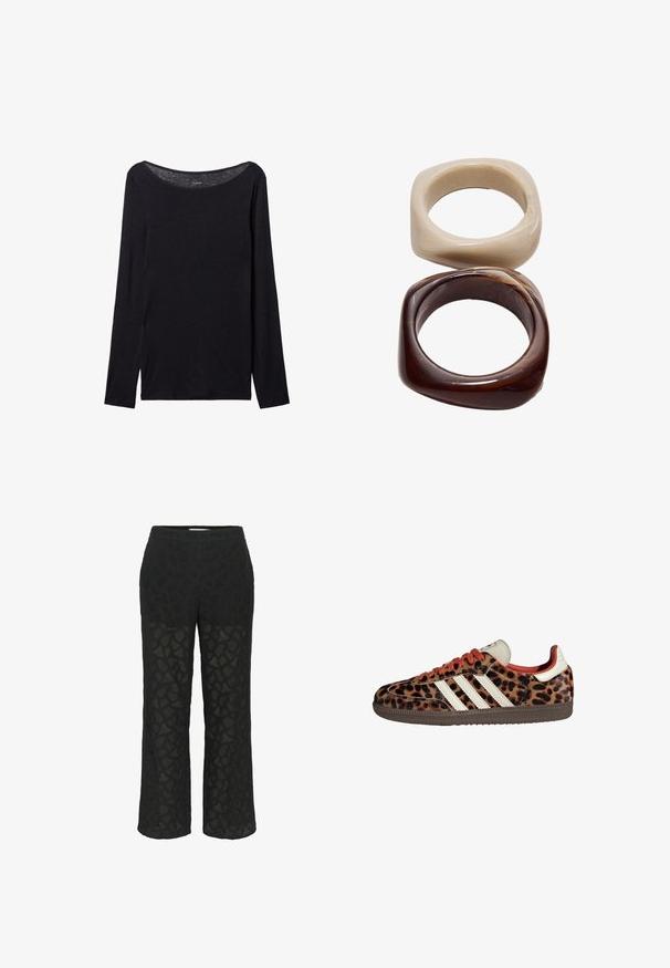 Schwarz langärmliges Shirt mit weitem Ausschnitt, aus weichem Stoff gefertigt, mit einer taillierten Passform und minimalen Nähten.; Schwarze Spitzenhose mit einem gemusterten Design, weitem Bein und einem weichen Bund, mit transparenten Abschnitten für zusätzliche Textur.; Sneaker im Leopardenmuster aus Wildleder mit roten Schnürsenkeln und drei weißen Streifen an der Seite. Sie haben eine cremefarbene Zunge und eine braune Sohle.; Stradivarius SET - Armband - dark brown