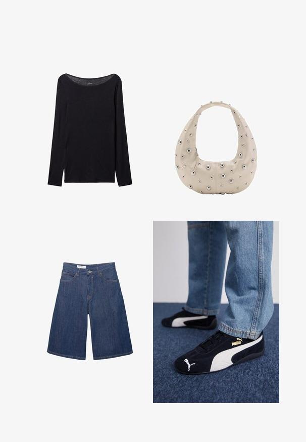 Černá dlouhá halenka s širokým výstřihem, vyrobená z měkké látky, s těsným střihem a minimálními švy.; Džínové kraťasy s volným střihem, tmavě modré barvy, předními kapsami a prošitými lemy, s jedním kovovým knoflíkem v pase.; Černé semišové tenisky s bílými akcenty a zlatým logem. Nosené s světle modrými jeany a položené na strukturovaném modrém povrchu.; Beige kožená taška s hobo tvarem, zdobená stříbrnými kovovými nýty různých velikostí po celém povrchu a kontrastním zipem.