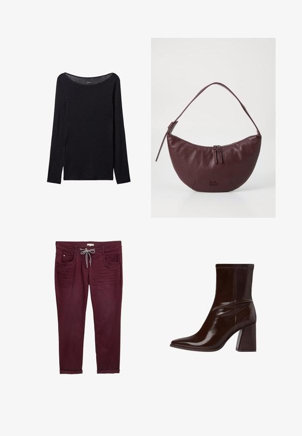 Black long-sleeve shirt with a wide neckline, made of soft fabric, featuring a fitted design and minimal stitching details.; Burgundy pants with a drawstring waist, front pockets, and rolled cuffs. Made from soft fabric with a smooth texture and subtle seam details.; Brown patent leather ankle boot with a pointed toe, elasticized ankle, and a chunky block heel. Sleek design with smooth texture.; Maroon leather handbag with a curved design, featuring a zip closure, two zipper pulls, and a short shoulder strap. Detailing includes embossed logo.