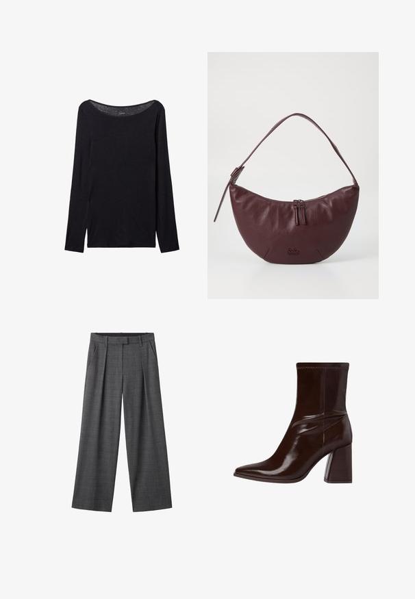 Czarna koszula z długim rękawem o szerokim dekolcie, wykonana z miękkiego materiału, charakteryzująca się dopasowanym krojem i minimalnymi detalami szwów.; Szare, w kratę spodnie o szerokich nogawkach z plisowanym przodem, elastycznym pasem i teksturowanym materiałem z subtelnym wzorem w kratkę.; Brązowy lakierowany botek sięgający kostki z wydłużonym noskiem, elastycznym ankletem oraz grubym, blokowym obcasem. Elegancki design z gładką fakturą.; Bordowa skórzana torebka o zaokrąglonym kształcie, z zamkiem błyskawicznym, dwoma suwakami i krótkim paskiem na ramię. Szczegóły obejmują wytłoczone logo.