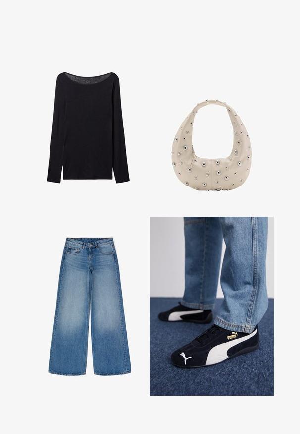 Zwart langslijfshemd met een brede halslijn, gemaakt van zachte stof, met een aansluitend ontwerp en minimale stikdetails.; Wijd gesneden blauwe denim jeans met een vervaagde was. Voorzien van stevige zakken, een hoge taille en een klassieke knoop- en ritssluiting.; Zwarte suède sneakers met witte accenten, voorzien van een gouden logo. Gemaakt met lichtblauwe spijkerbroek en geplaatst op een textuur blauwe ondergrond.; Beige leren tas in een hobo-vorm, voorzien van zilveren metalen studs in verschillende maten over de buitenkant, met een contrasterende ritssluiting.