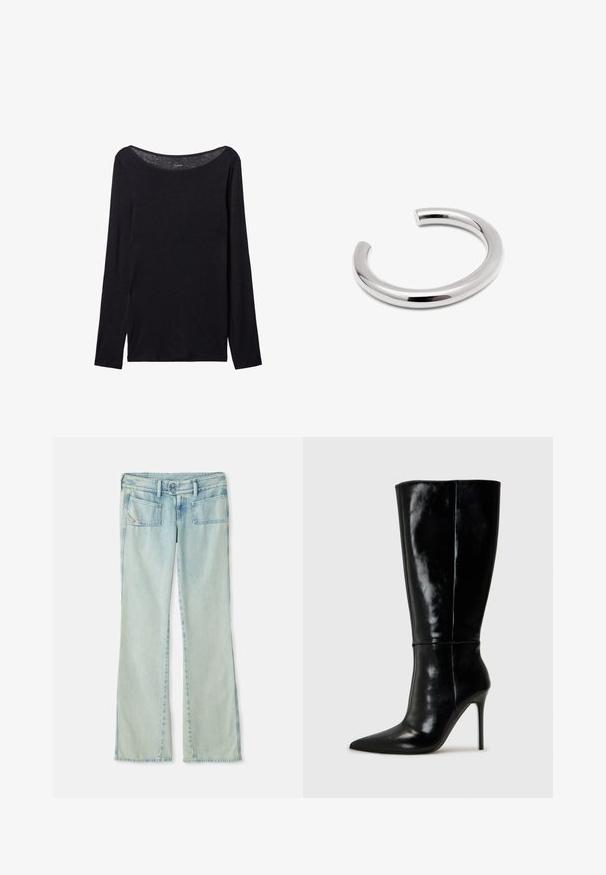 Zwart langslijfshemd met een brede halslijn, gemaakt van zachte stof, met een aansluitend ontwerp en minimale stikdetails.; Lichtblauwe jeans van denim, met een recht gesneden ontwerp, twee voorzakken en twee achterzakken. Verbleekte structuur over het geheel.; Zwarte leren kniehoge laarzen met een spitse neus en hoge stiletto hak. Soepele textuur en strak ontwerp, met minimale detailing.; Zilveren manchetknoop in een glad, afgerond ontwerp. Beschikt over een naadloze, gepolijste afwerking met een open einde voor eenvoudig dragen.