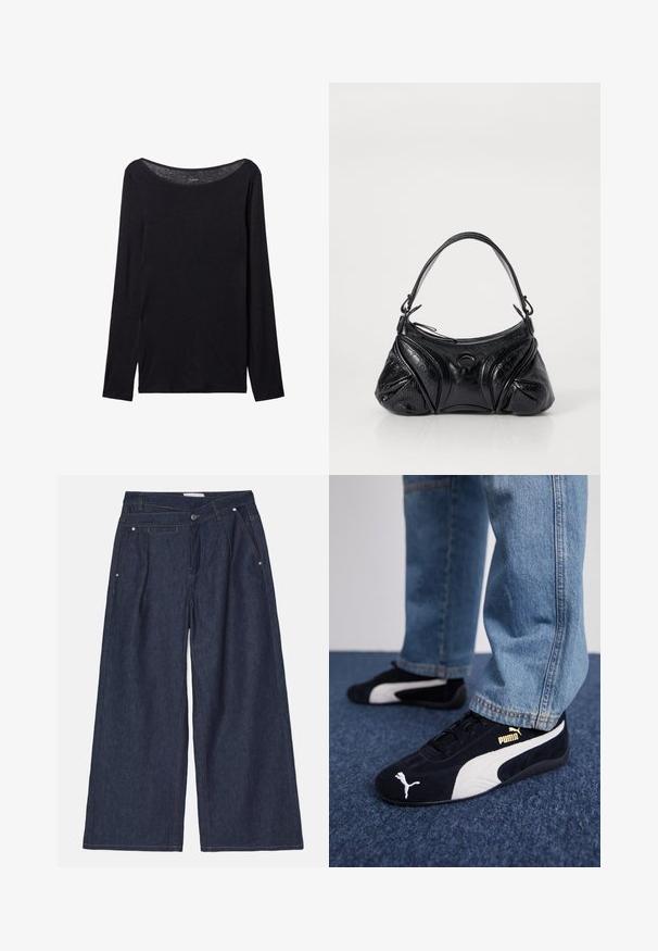 Black long-sleeve shirt with a wide neckline, made of soft fabric, featuring a fitted design and minimal stitching details.; MUNTHE SHELLIE - Relaxed fit jeans - indigo; Black suede sneakers with white accents, featuring a gold logo. Worn with light blue denim jeans and set on a textured blue surface.; Black handbag made of textured leather with a rounded shape. Features a thin shoulder strap and decorative embossed patterns.