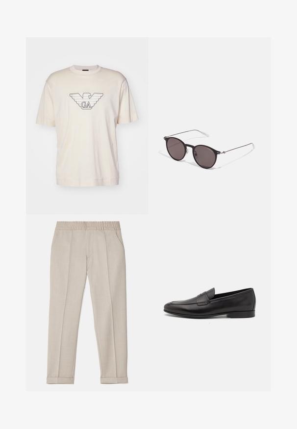 Lys beige t-shirt lavet af bomuld, med et stort broderet ørne-logo i grå og sort på brystet. Korte ærmer, afslappet pasform.; Filippa K TERRY CROPPED TROUSERS - Bukser - sage melange; Sort læder herre loafers med lav hæl og et klassisk penny strap design, vist i sideprofil på en hvid baggrund.; Sorte runde solbriller med mørke linser og slanke metalarme. Inkluderer klare tempeltips og sølvdetaljer ved hængslet. Minimalistisk design.