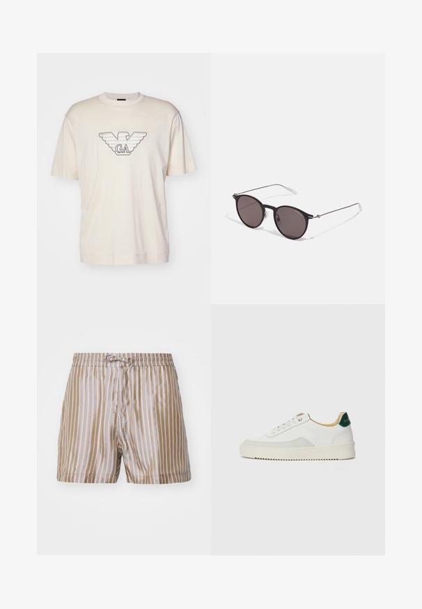 Light beige t-shirt made of cotton, featuring a large embroidered eagle logo in grey and black on the chest. Short sleeves, relaxed fit.; Tiger of Sweden TWOLUM - Shorts - forest leaves; White sneaker with suede accents, rounded toe, flat laces, and a cream rubber sole. Features green branding on the heel.; Black round sunglasses with dark lenses and slim metal arms. Includes clear temple tips and silver accents at the hinge. Minimalist design.