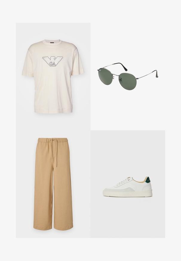 Hellbeige T-Shirt aus Baumwolle mit einem großen, grau und schwarz gestickten Adler-Logo auf der Brust. Kurze Ärmel, lockere Passform.; Beigeweite Hosen aus weichem Stoff, mit einem elastischen Bund mit Kordelzug, seitlichen Taschen und geradem Schnitt.; Weiße Sneaker mit Wildlederelementen, runder Zehenpartie, flachen Schnürsenkeln und einer cremefarbenen Gummisohle. Mit grünen Markenlogo am Fersenbereich.; Metallgestellte Sonnenbrille mit ovalen grünen Gläsern. Dünner silberner Metallrahmen und schwarze Ohrstücke. Minimalistisches Design, keine sichtbaren Logos.