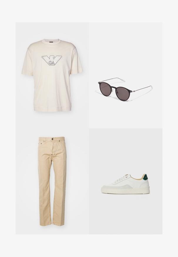 T-shirt beige clair en coton, arborant un grand logo d'aigle brodé en gris et noir sur la poitrine. Manches courtes, coupe décontractée.; Pantalon en coton beige avec une coupe droite, doté d'une fermeture à bouton, de passants pour ceinture et de poches avant. Texture lisse, couture minimale.; Baskets blanches avec des accents en daim, bout arrondi, lacets plats et semelle en caoutchouc crème. Présente une marque verte sur le talon.; Lunettes de soleil noires rondes avec verres sombres et branches en métal fines. Comprend des embouts transparents et des accents argentés au niveau de la charnière. Design minimaliste.