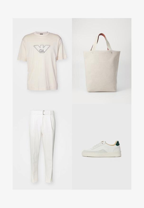 Light beige t-shirt made of cotton, featuring a large embroidered eagle logo in grey and black on the chest. Short sleeves, relaxed fit.; White trousers made of cotton, featuring a belted waist, front pleats, and cuffed hems. Smooth texture and a tailored fit.; White sneaker with suede accents, rounded toe, flat laces, and a cream rubber sole. Features green branding on the heel.; Tote bag in light beige fabric with a textured finish, featuring two contrasting brown leather handles and metal accents at the top.